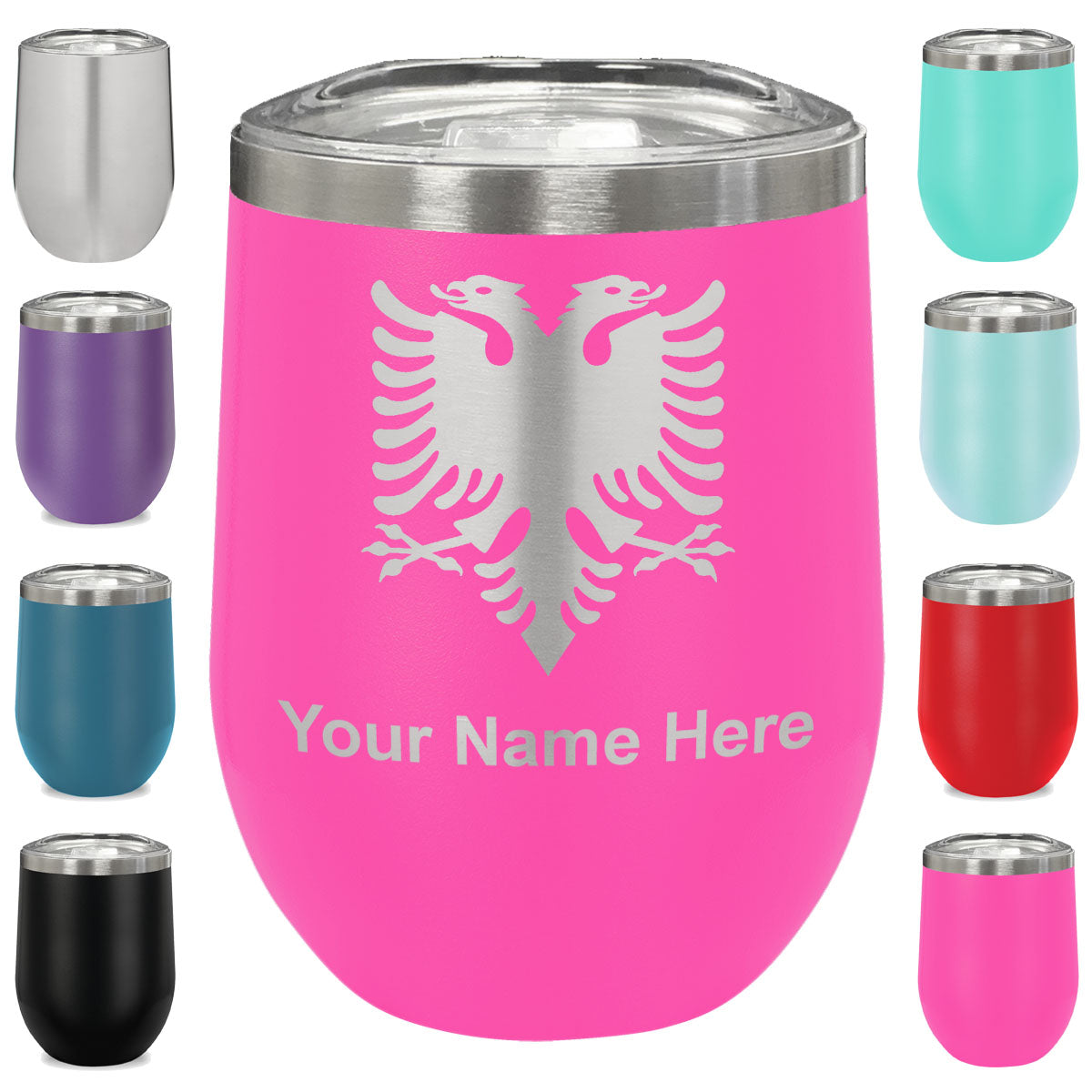 LaserGram Double Wall Stainless Steel Wine Glass, Flag of Albania, Personalized Engraving Included