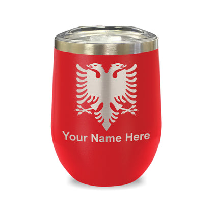 LaserGram Double Wall Stainless Steel Wine Glass, Flag of Albania, Personalized Engraving Included