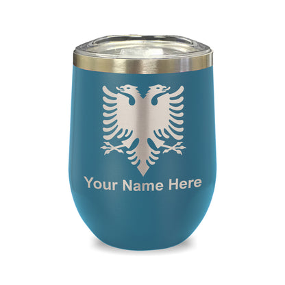 LaserGram Double Wall Stainless Steel Wine Glass, Flag of Albania, Personalized Engraving Included