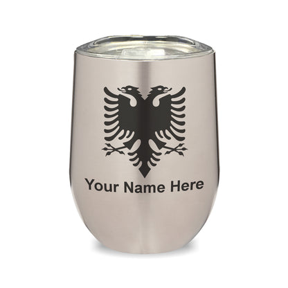 LaserGram Double Wall Stainless Steel Wine Glass, Flag of Albania, Personalized Engraving Included