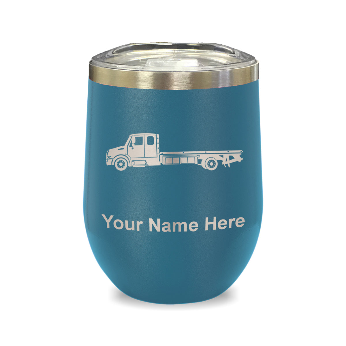 LaserGram Double Wall Stainless Steel Wine Glass, Flat Bed Tow Truck, Personalized Engraving Included