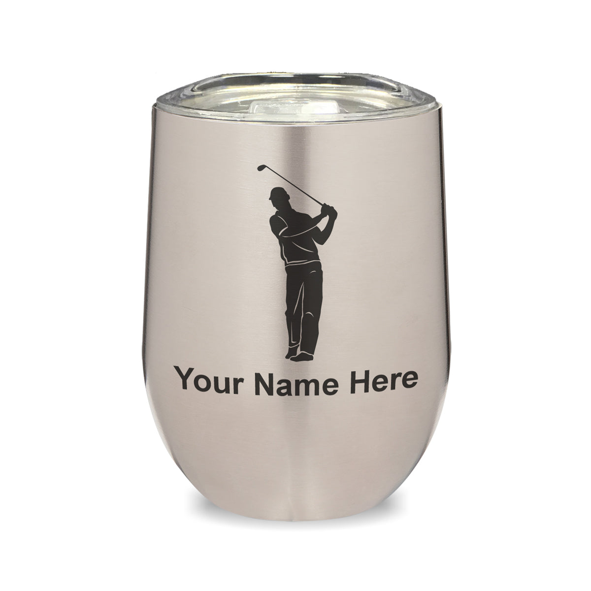LaserGram Double Wall Stainless Steel Wine Glass, Golfer, Personalized Engraving Included