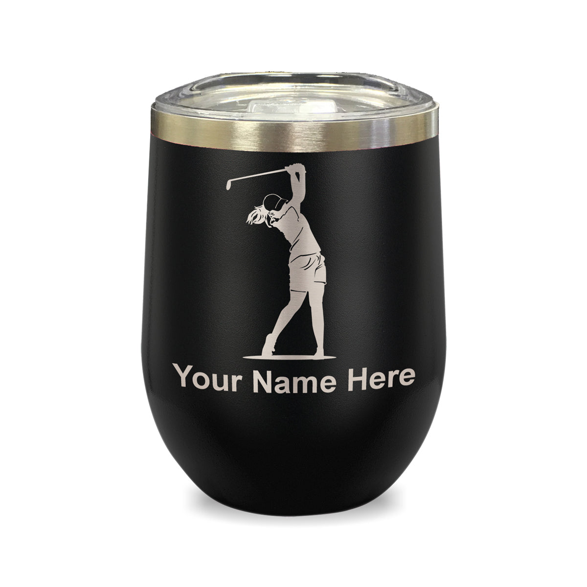 LaserGram Double Wall Stainless Steel Wine Glass, Golfer Woman, Personalized Engraving Included