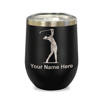 LaserGram Double Wall Stainless Steel Wine Glass, Golfer Woman, Personalized Engraving Included