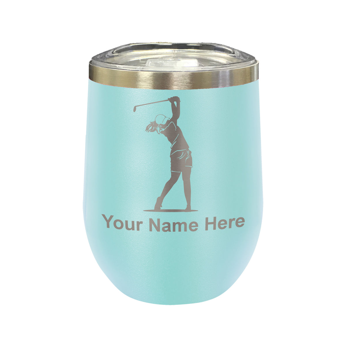 LaserGram Double Wall Stainless Steel Wine Glass, Golfer Woman, Personalized Engraving Included