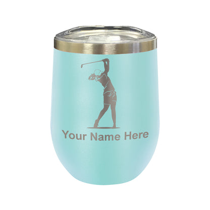 LaserGram Double Wall Stainless Steel Wine Glass, Golfer Woman, Personalized Engraving Included