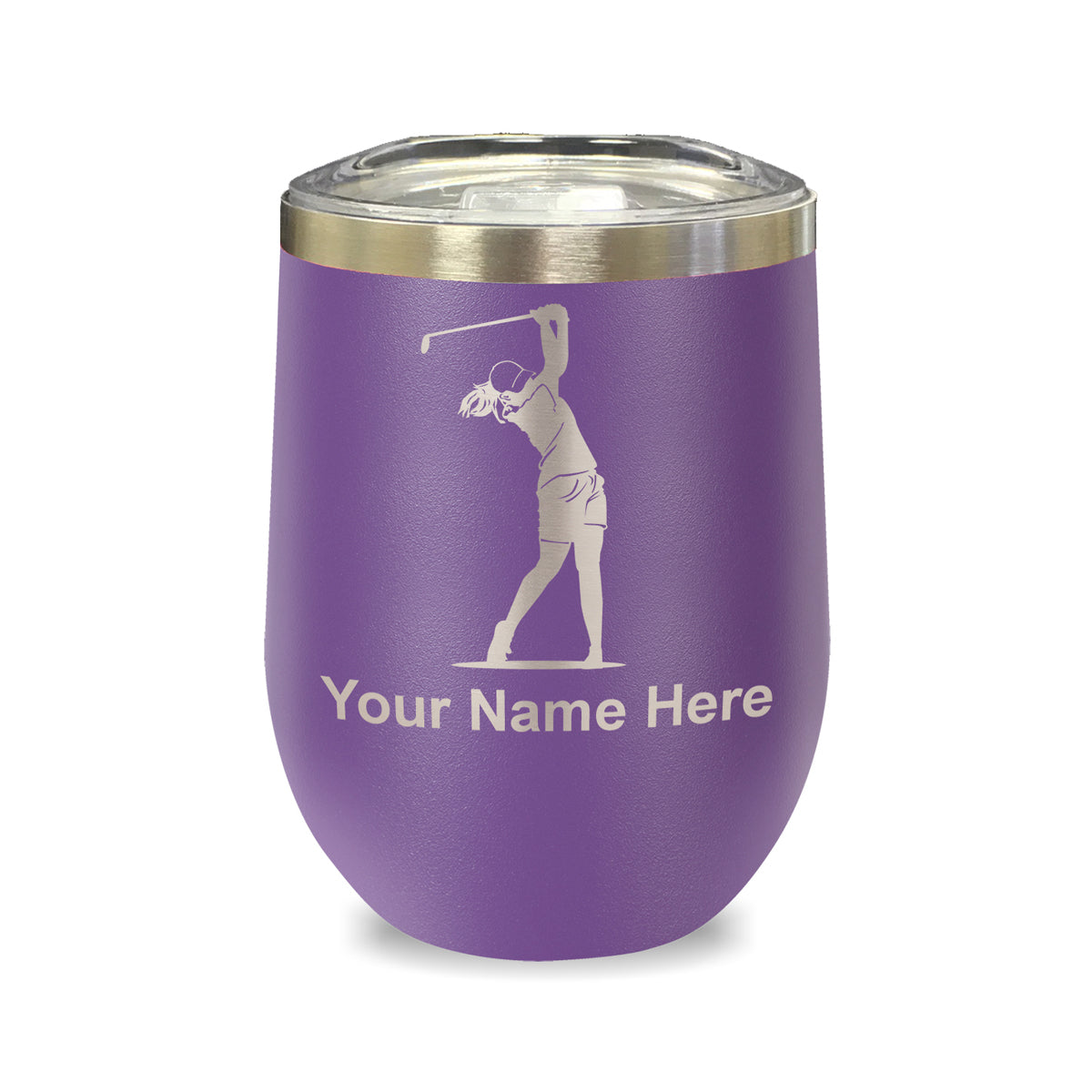 LaserGram Double Wall Stainless Steel Wine Glass, Golfer Woman, Personalized Engraving Included
