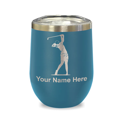 LaserGram Double Wall Stainless Steel Wine Glass, Golfer Woman, Personalized Engraving Included