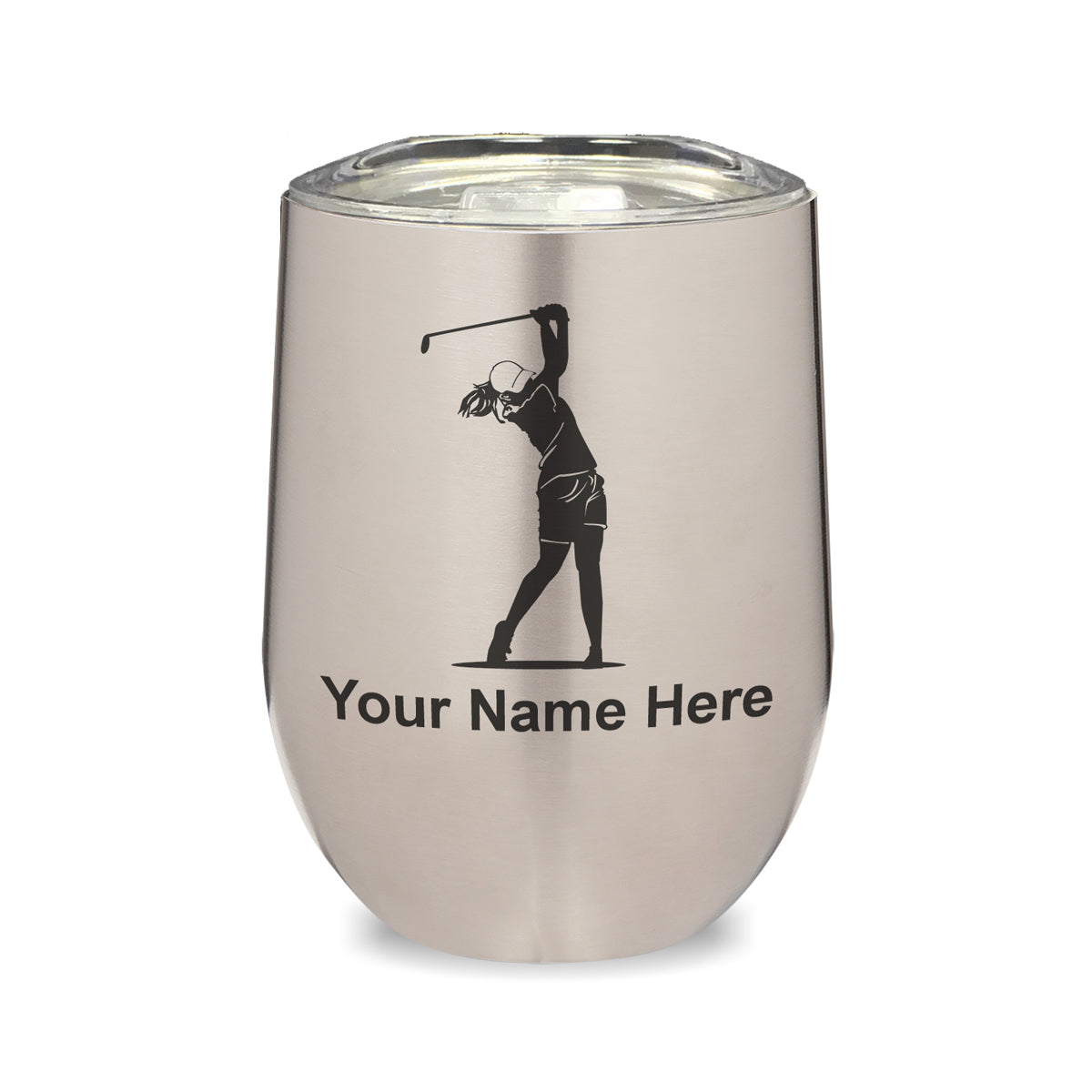 LaserGram Double Wall Stainless Steel Wine Glass, Golfer Woman, Personalized Engraving Included