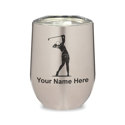 LaserGram Double Wall Stainless Steel Wine Glass, Golfer Woman, Personalized Engraving Included