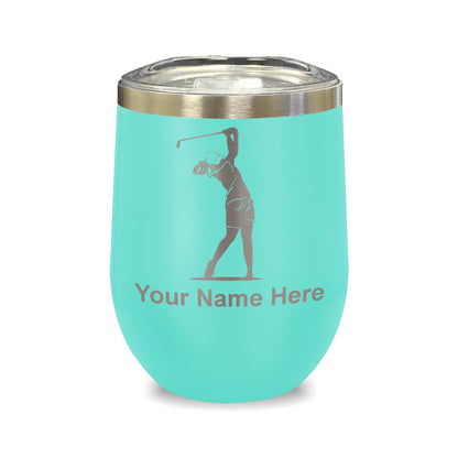 LaserGram Double Wall Stainless Steel Wine Glass, Golfer Woman, Personalized Engraving Included