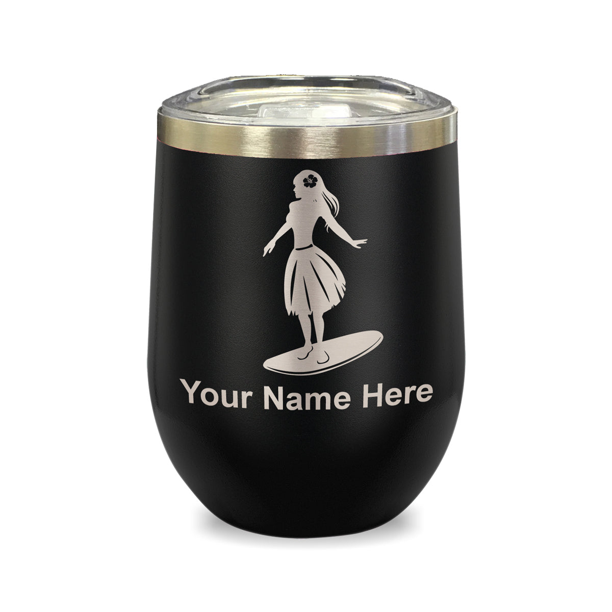 LaserGram Double Wall Stainless Steel Wine Glass, Hawaiian Surfer Girl, Personalized Engraving Included