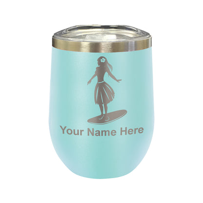 LaserGram Double Wall Stainless Steel Wine Glass, Hawaiian Surfer Girl, Personalized Engraving Included