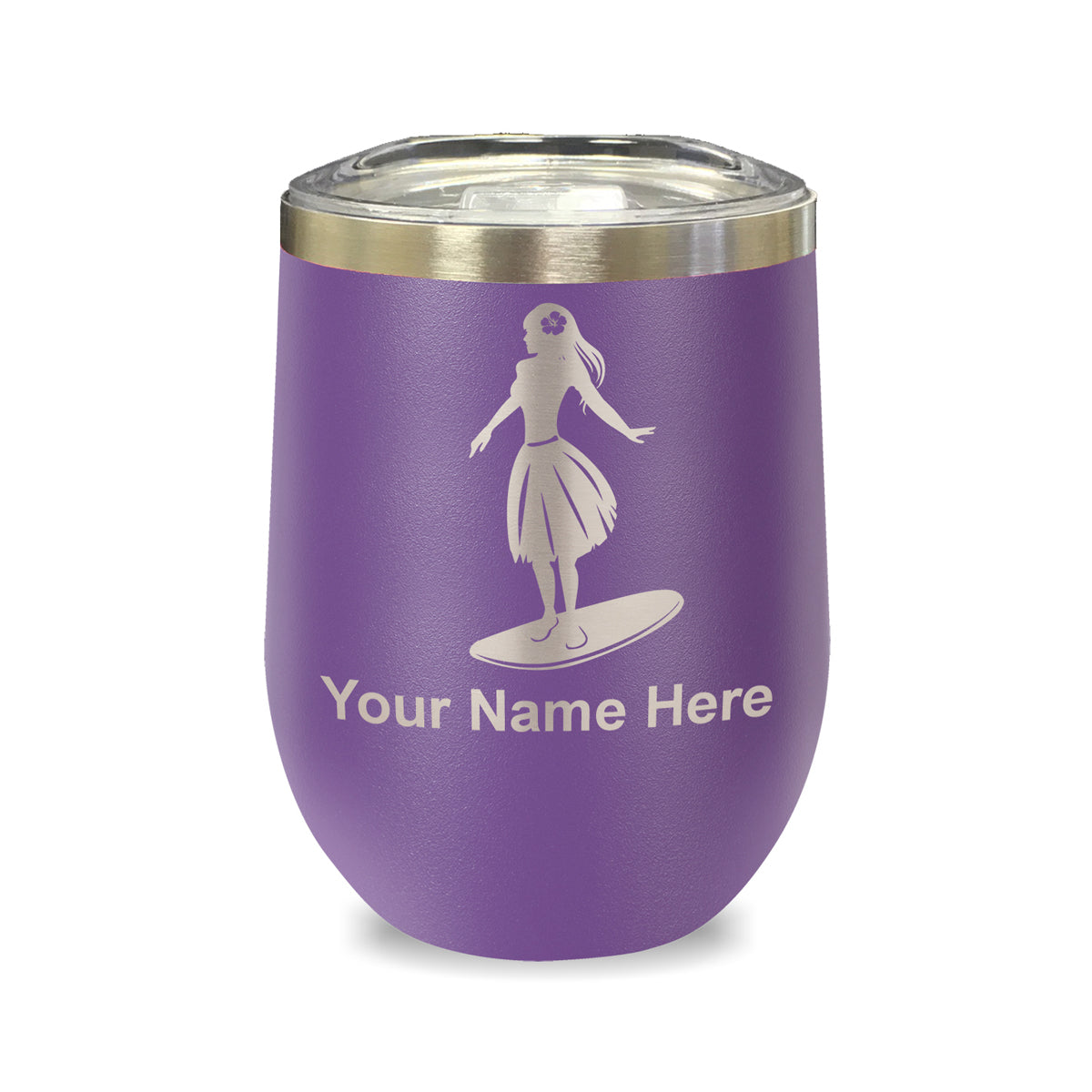 LaserGram Double Wall Stainless Steel Wine Glass, Hawaiian Surfer Girl, Personalized Engraving Included