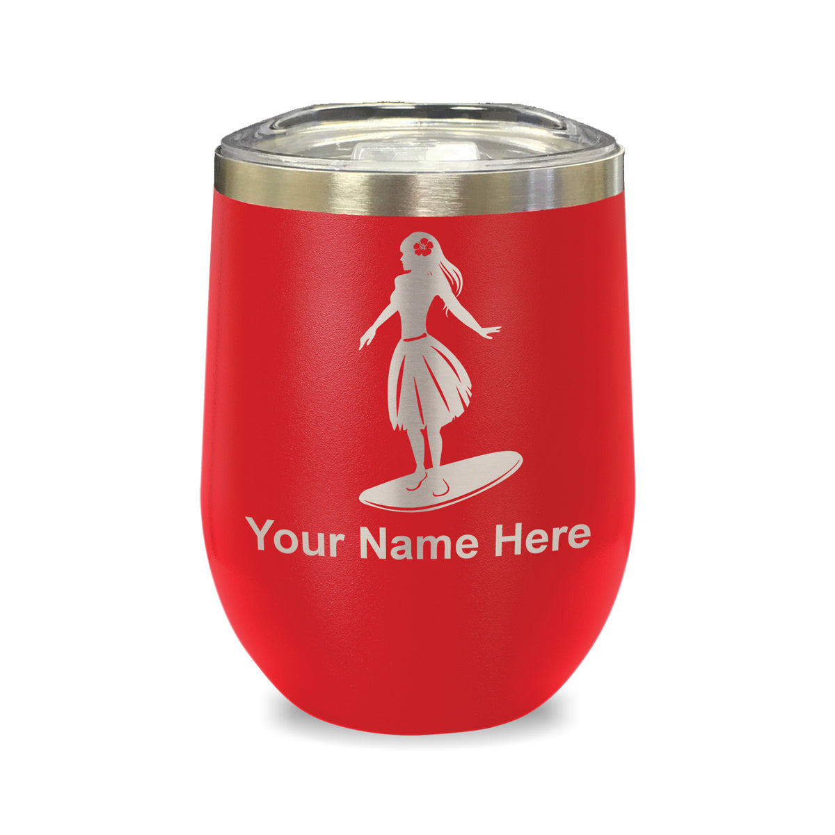 LaserGram Double Wall Stainless Steel Wine Glass, Hawaiian Surfer Girl, Personalized Engraving Included