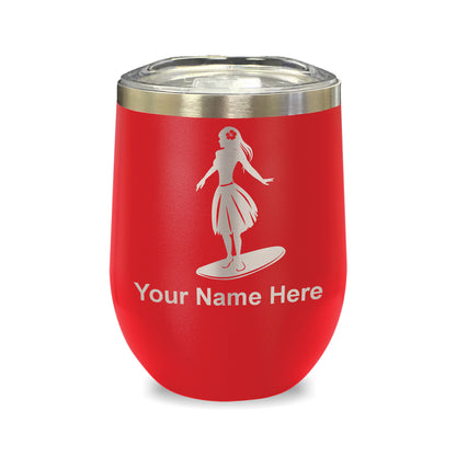 LaserGram Double Wall Stainless Steel Wine Glass, Hawaiian Surfer Girl, Personalized Engraving Included