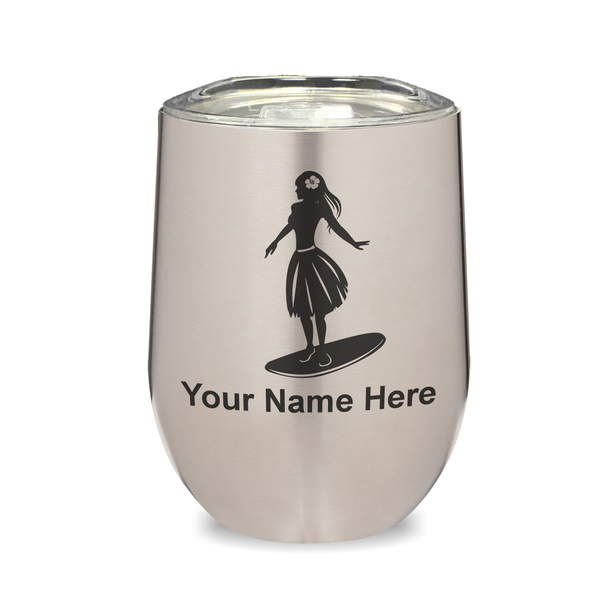 LaserGram Double Wall Stainless Steel Wine Glass, Hawaiian Surfer Girl, Personalized Engraving Included