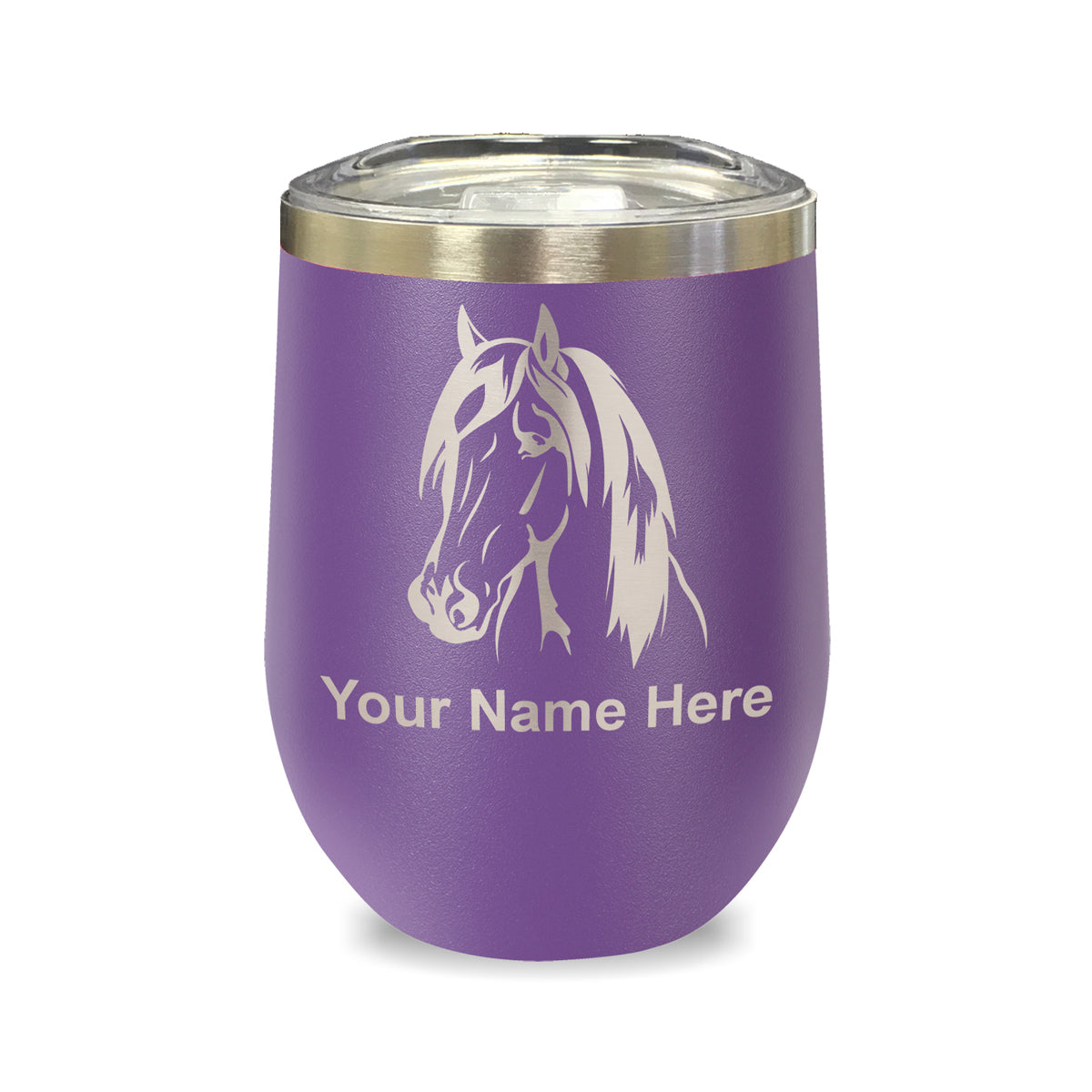 LaserGram Double Wall Stainless Steel Wine Glass, Horse Head 1, Personalized Engraving Included