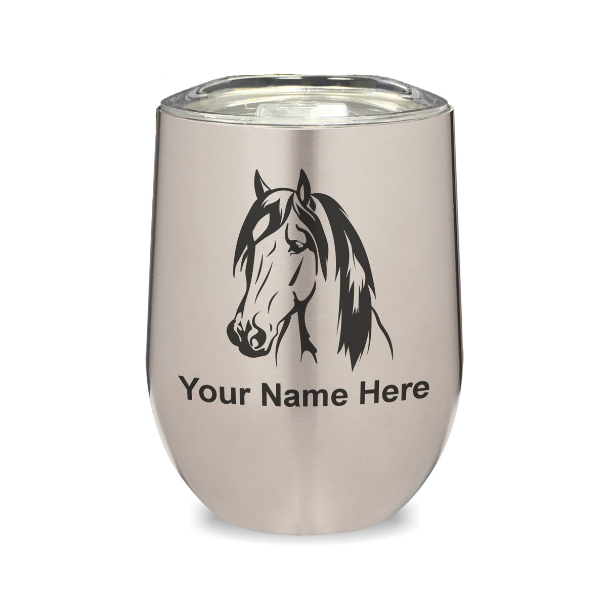 LaserGram Double Wall Stainless Steel Wine Glass, Horse Head 1, Personalized Engraving Included