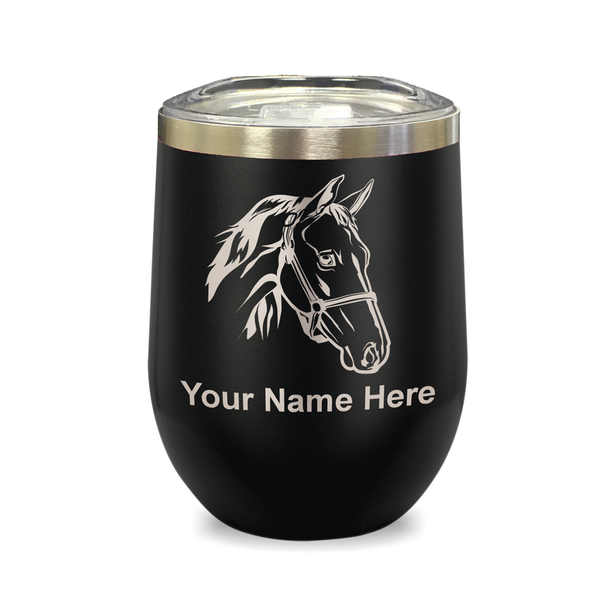 LaserGram Double Wall Stainless Steel Wine Glass, Horse Head 2, Personalized Engraving Included