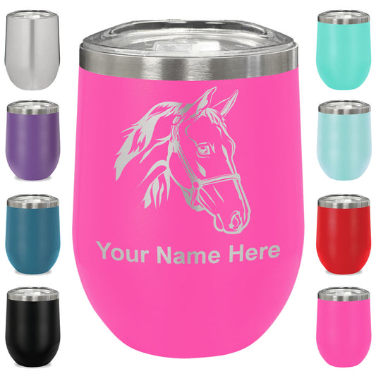 LaserGram Double Wall Stainless Steel Wine Glass, Horse Head 2, Personalized Engraving Included