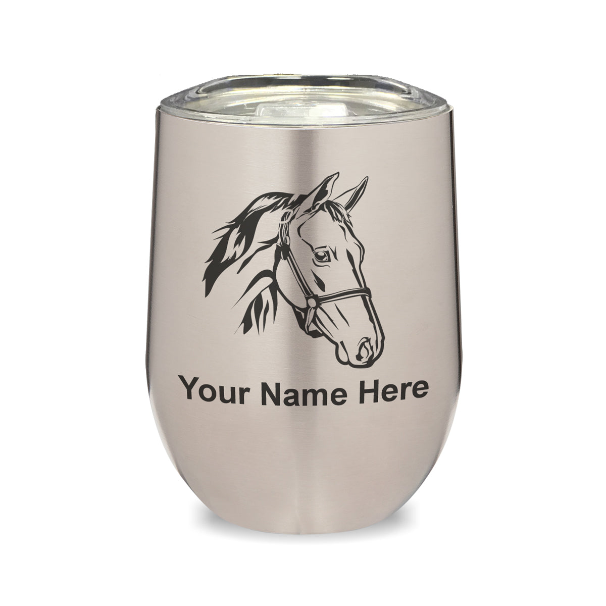 LaserGram Double Wall Stainless Steel Wine Glass, Horse Head 2, Personalized Engraving Included