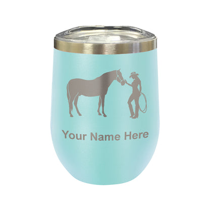 LaserGram Double Wall Stainless Steel Wine Glass, Horse and Cowgirl, Personalized Engraving Included