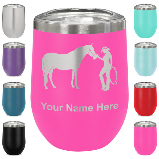 LaserGram Double Wall Stainless Steel Wine Glass, Horse and Cowgirl, Personalized Engraving Included