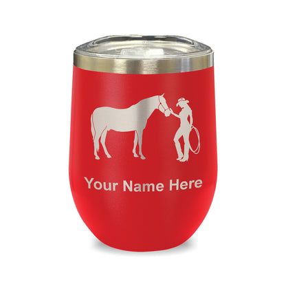 LaserGram Double Wall Stainless Steel Wine Glass, Horse and Cowgirl, Personalized Engraving Included