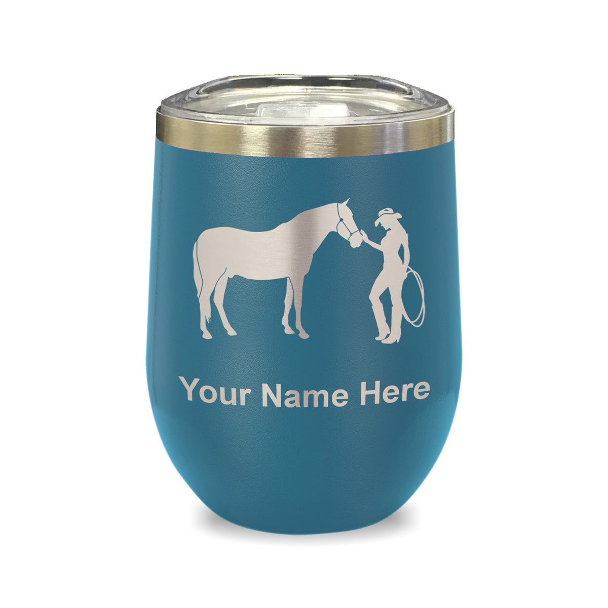 LaserGram Double Wall Stainless Steel Wine Glass, Horse and Cowgirl, Personalized Engraving Included
