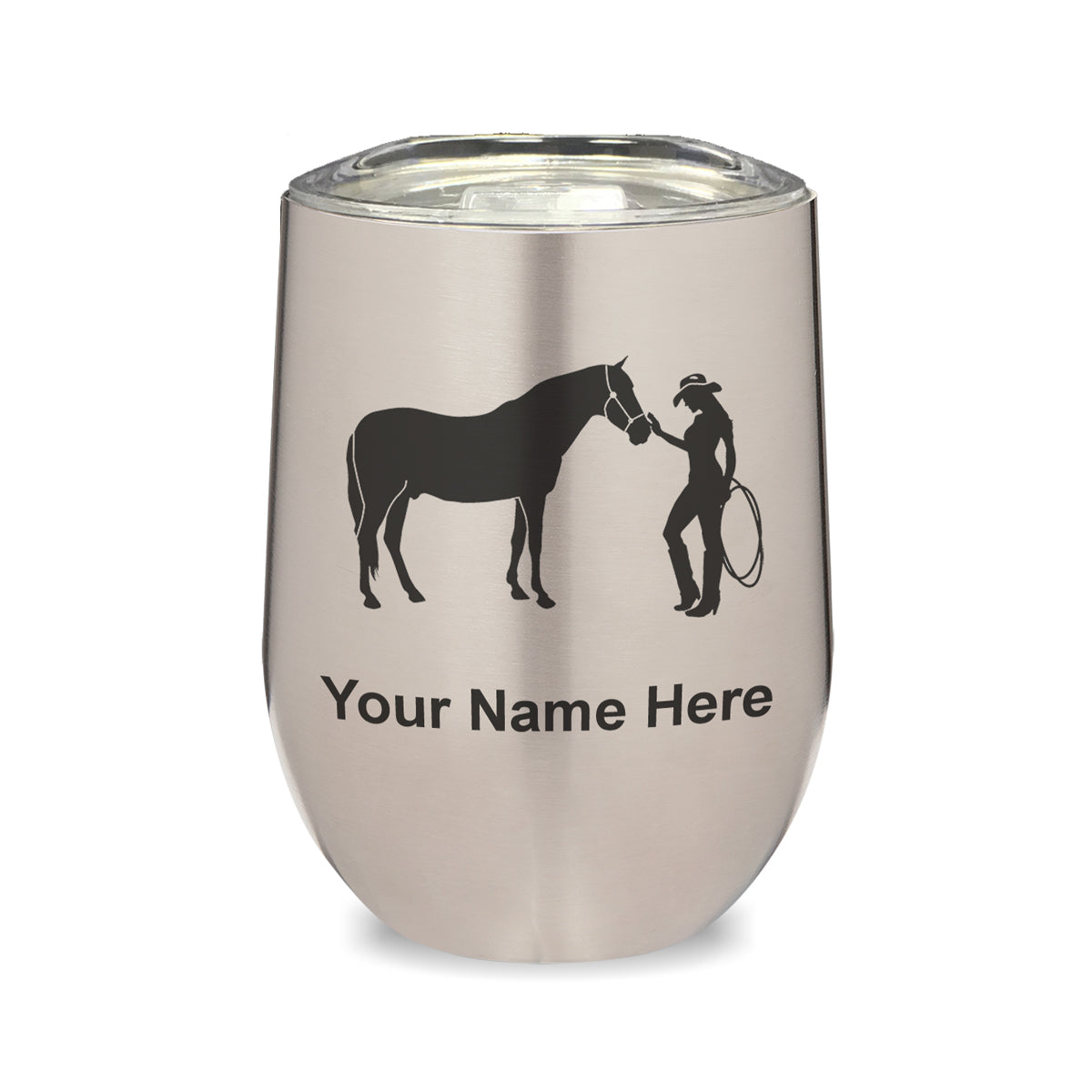 LaserGram Double Wall Stainless Steel Wine Glass, Horse and Cowgirl, Personalized Engraving Included