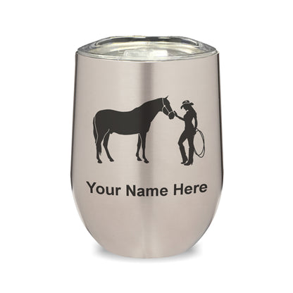 LaserGram Double Wall Stainless Steel Wine Glass, Horse and Cowgirl, Personalized Engraving Included