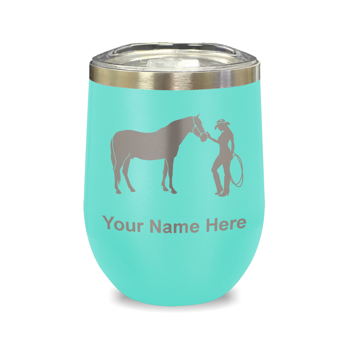 LaserGram Double Wall Stainless Steel Wine Glass, Horse and Cowgirl, Personalized Engraving Included