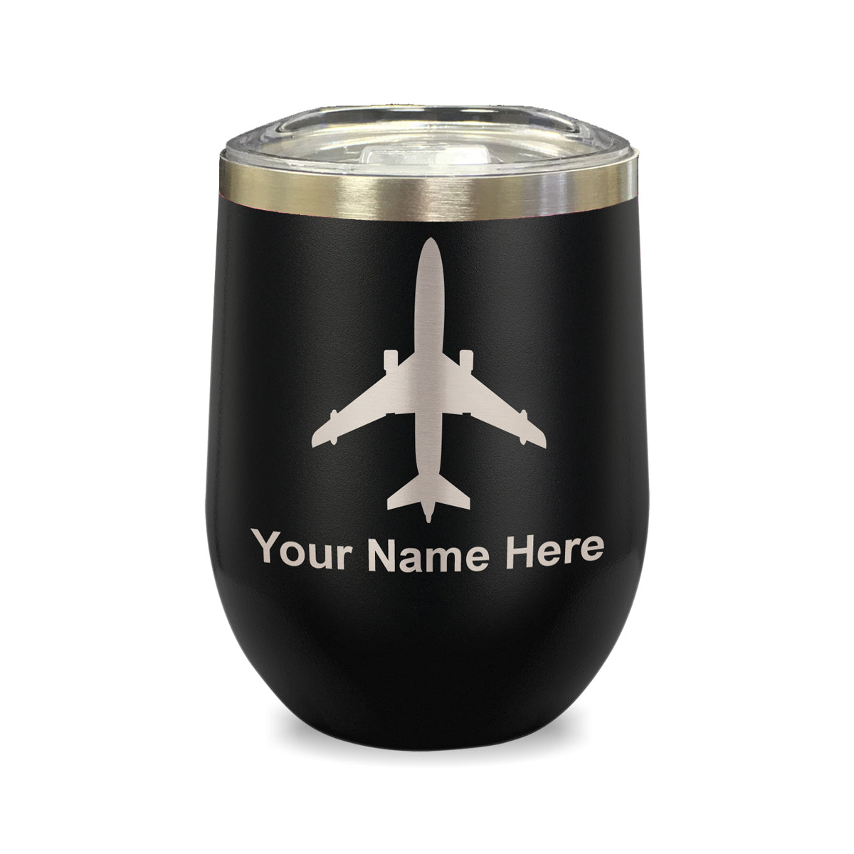 LaserGram Double Wall Stainless Steel Wine Glass, Jet Airplane, Personalized Engraving Included