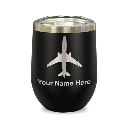 LaserGram Double Wall Stainless Steel Wine Glass, Jet Airplane, Personalized Engraving Included