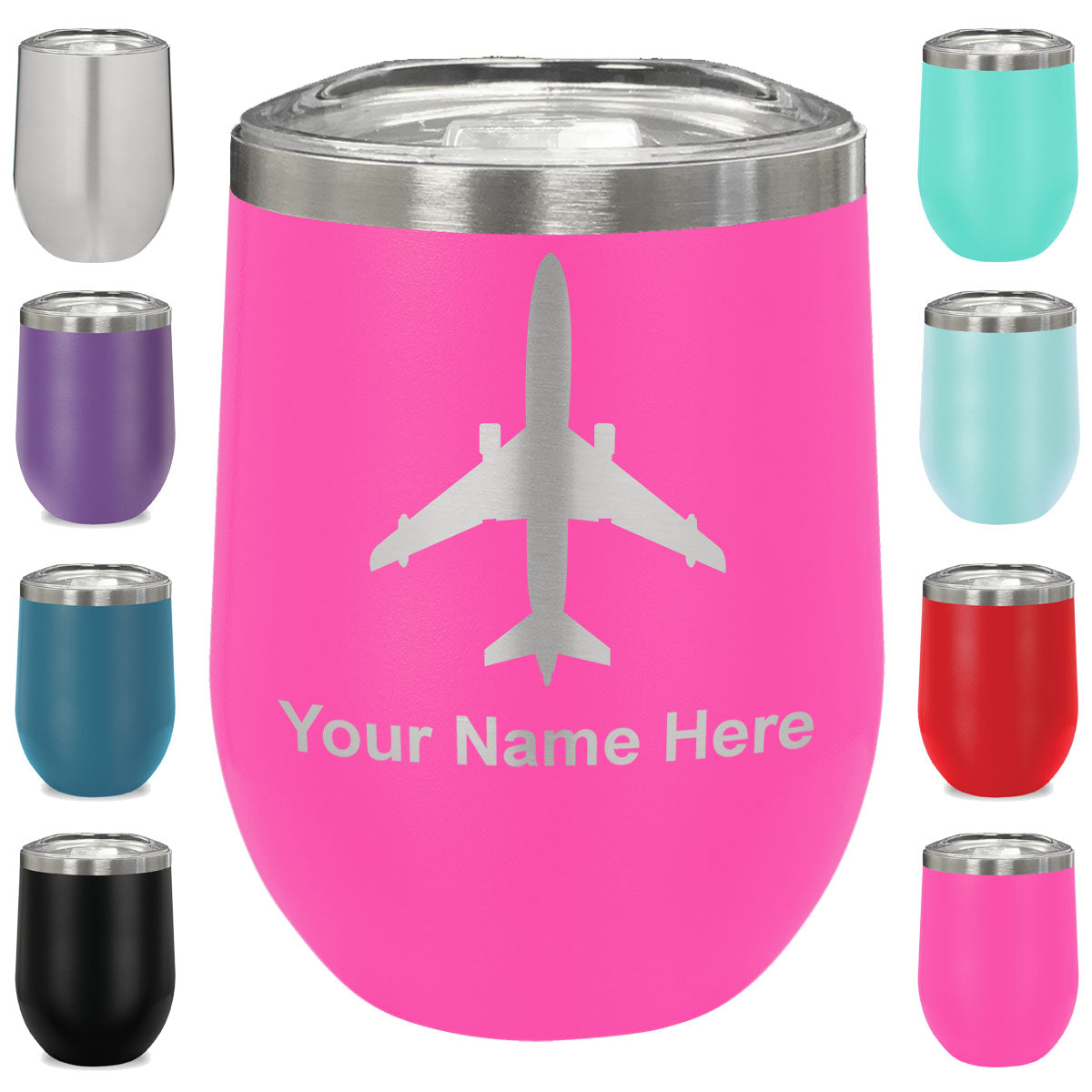 LaserGram Double Wall Stainless Steel Wine Glass, Jet Airplane, Personalized Engraving Included