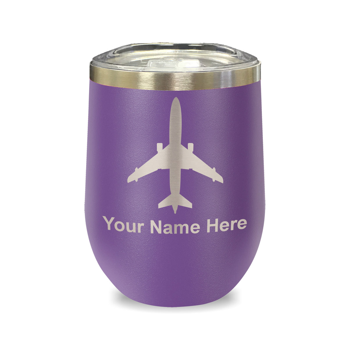 LaserGram Double Wall Stainless Steel Wine Glass, Jet Airplane, Personalized Engraving Included