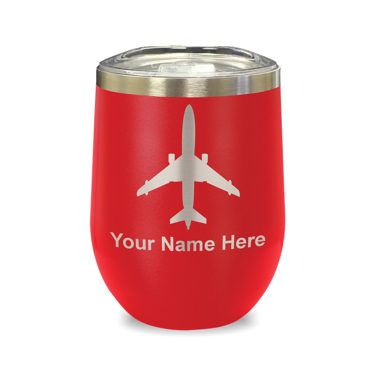 LaserGram Double Wall Stainless Steel Wine Glass, Jet Airplane, Personalized Engraving Included