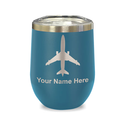 LaserGram Double Wall Stainless Steel Wine Glass, Jet Airplane, Personalized Engraving Included