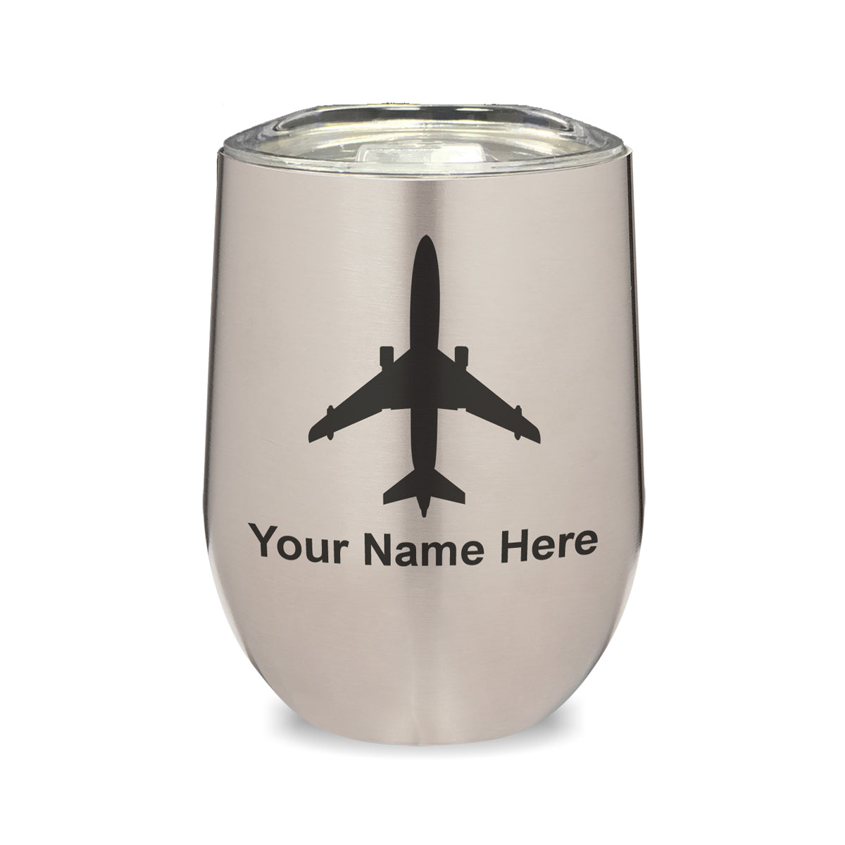 LaserGram Double Wall Stainless Steel Wine Glass, Jet Airplane, Personalized Engraving Included