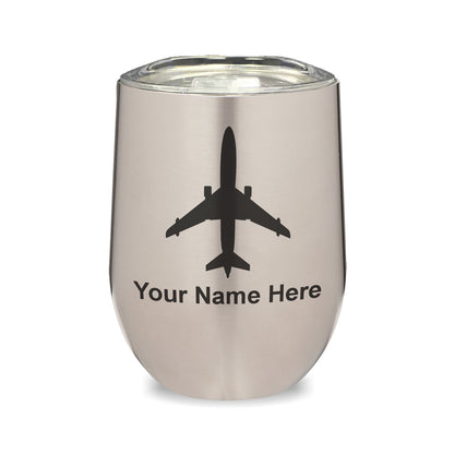 LaserGram Double Wall Stainless Steel Wine Glass, Jet Airplane, Personalized Engraving Included