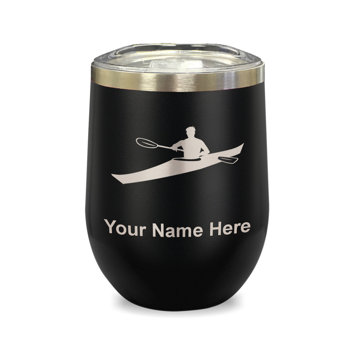 LaserGram Double Wall Stainless Steel Wine Glass, Kayak Man, Personalized Engraving Included
