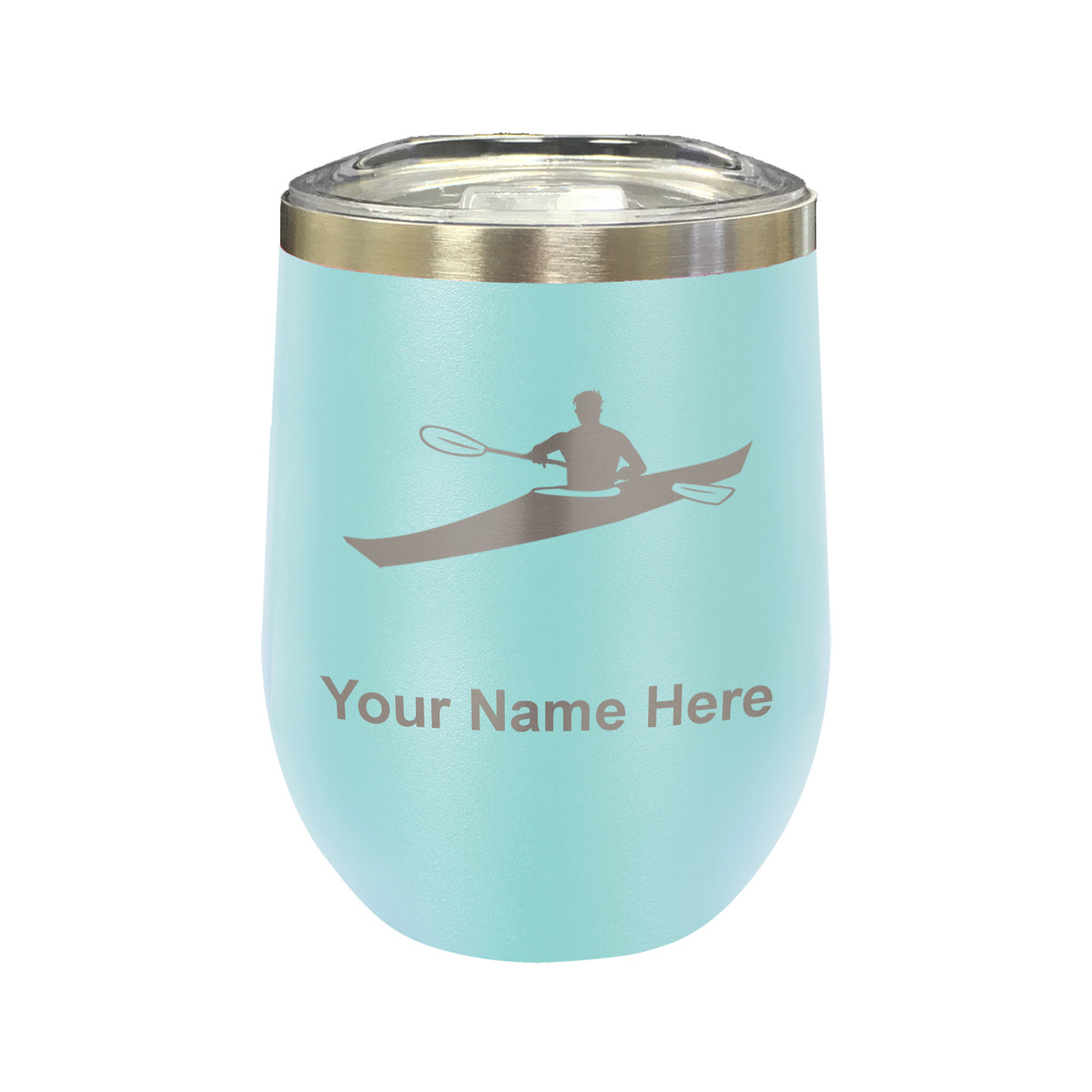 LaserGram Double Wall Stainless Steel Wine Glass, Kayak Man, Personalized Engraving Included