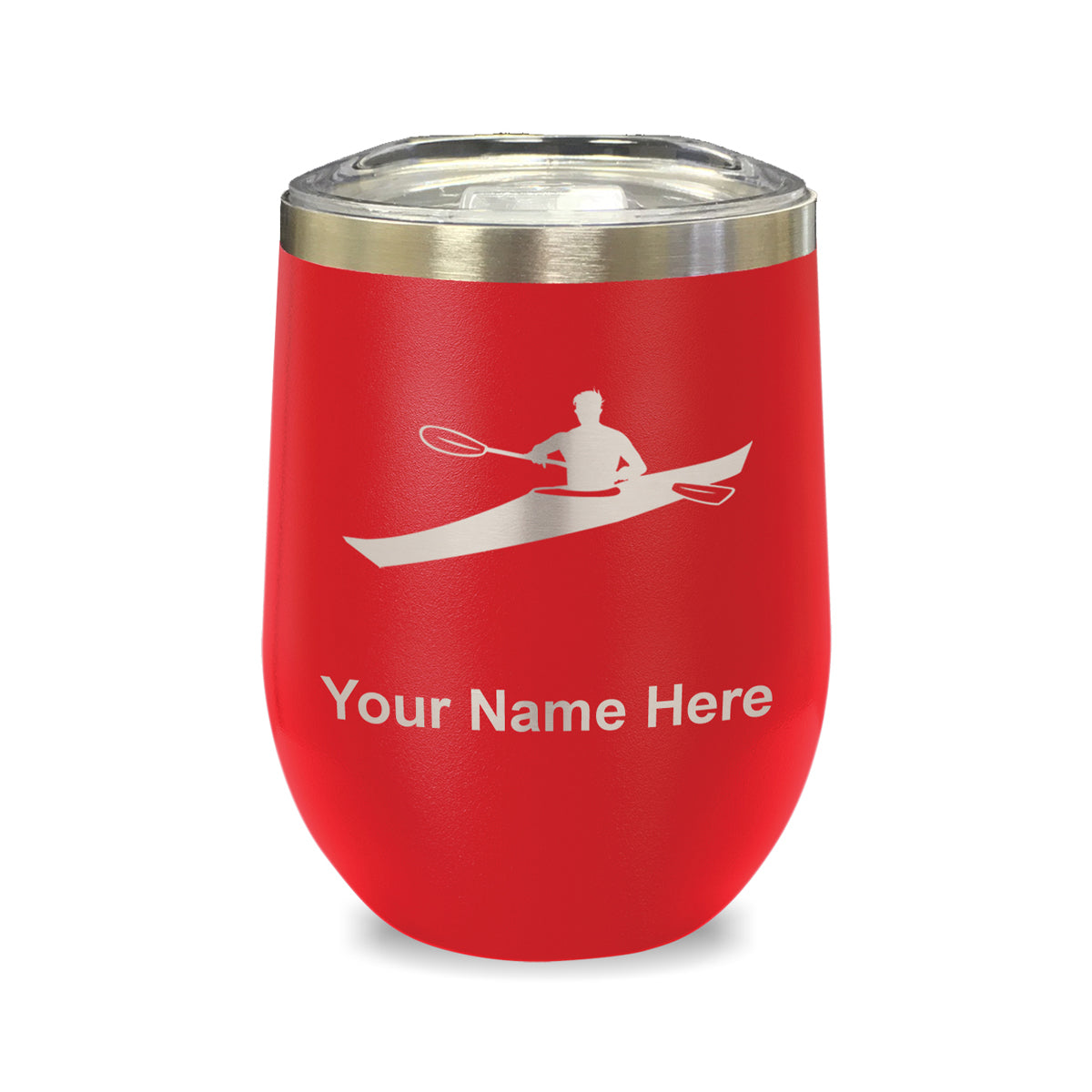 LaserGram Double Wall Stainless Steel Wine Glass, Kayak Man, Personalized Engraving Included