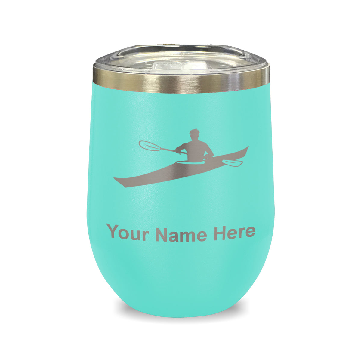 LaserGram Double Wall Stainless Steel Wine Glass, Kayak Man, Personalized Engraving Included