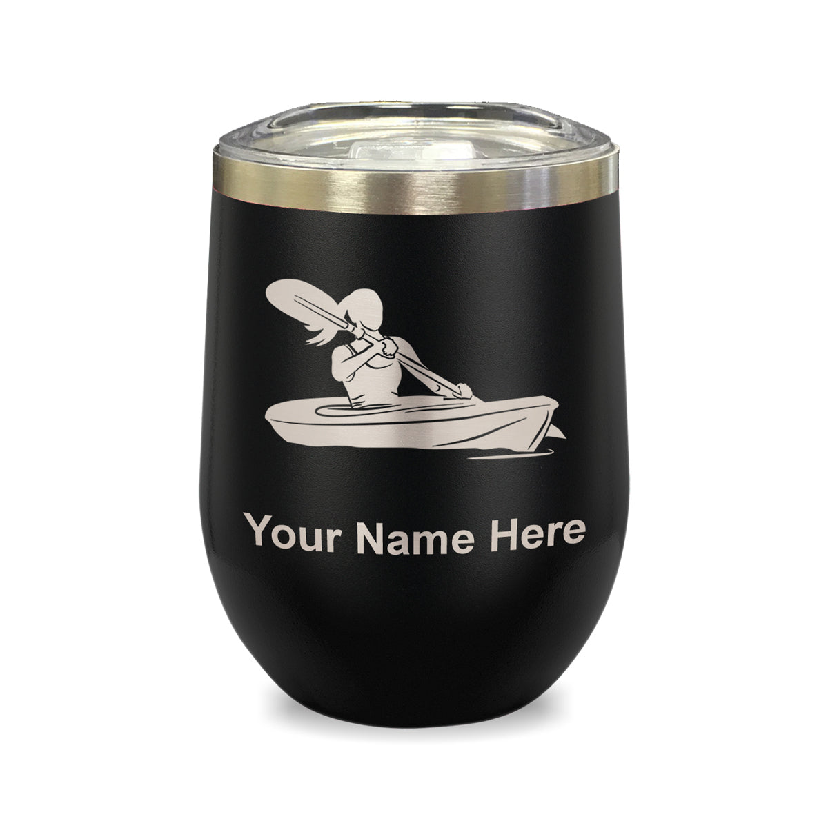 LaserGram Double Wall Stainless Steel Wine Glass, Kayak Woman, Personalized Engraving Included
