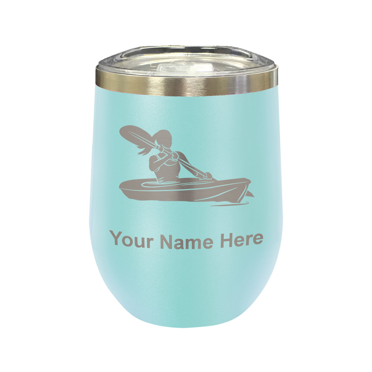 LaserGram Double Wall Stainless Steel Wine Glass, Kayak Woman, Personalized Engraving Included