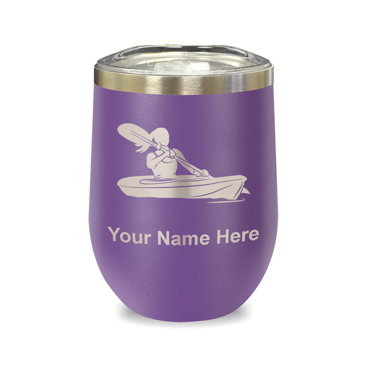 LaserGram Double Wall Stainless Steel Wine Glass, Kayak Woman, Personalized Engraving Included