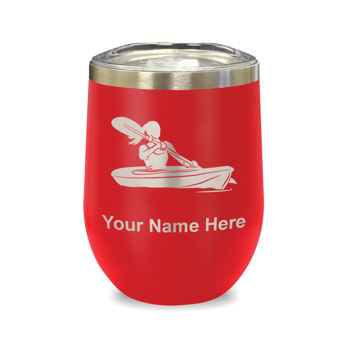 LaserGram Double Wall Stainless Steel Wine Glass, Kayak Woman, Personalized Engraving Included