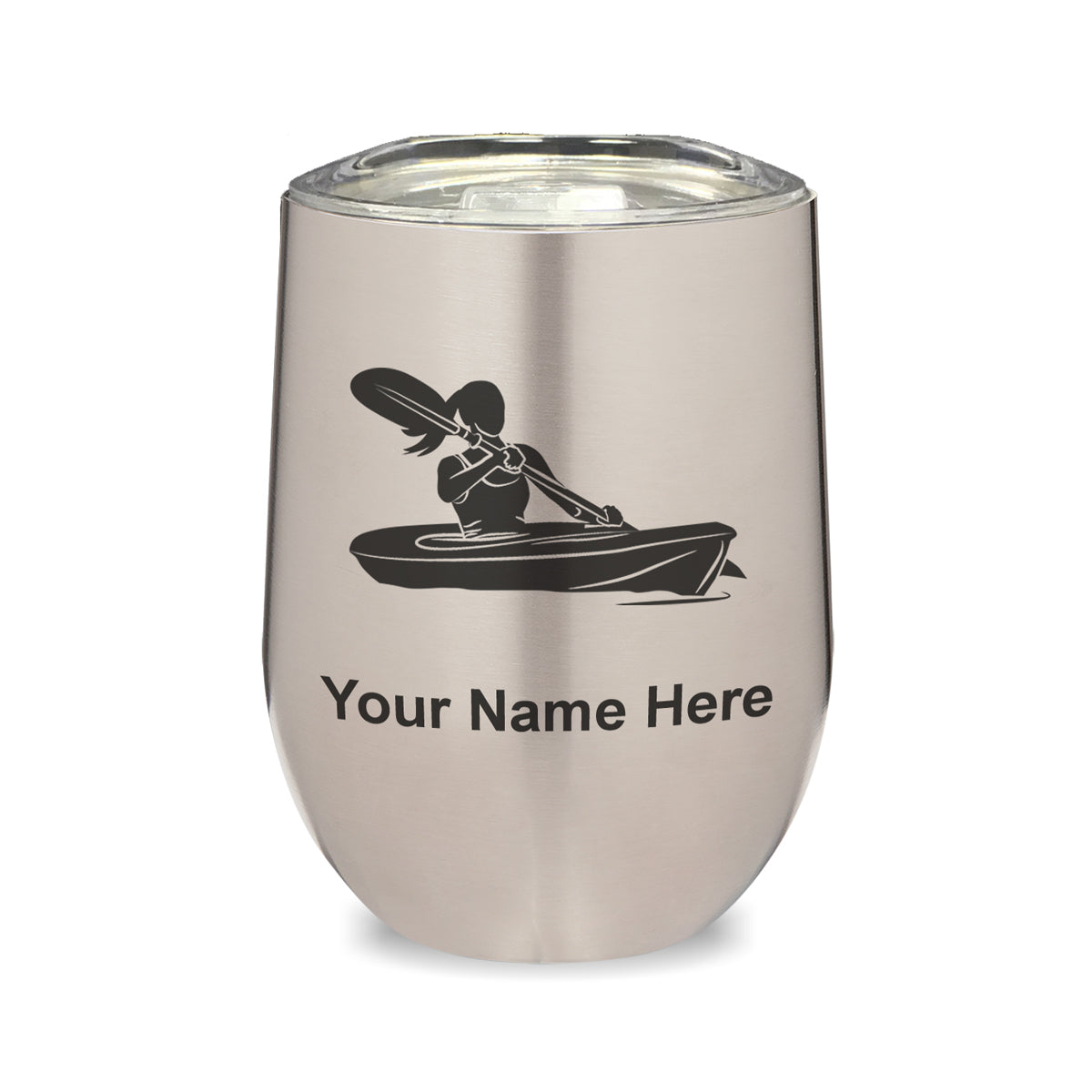 LaserGram Double Wall Stainless Steel Wine Glass, Kayak Woman, Personalized Engraving Included